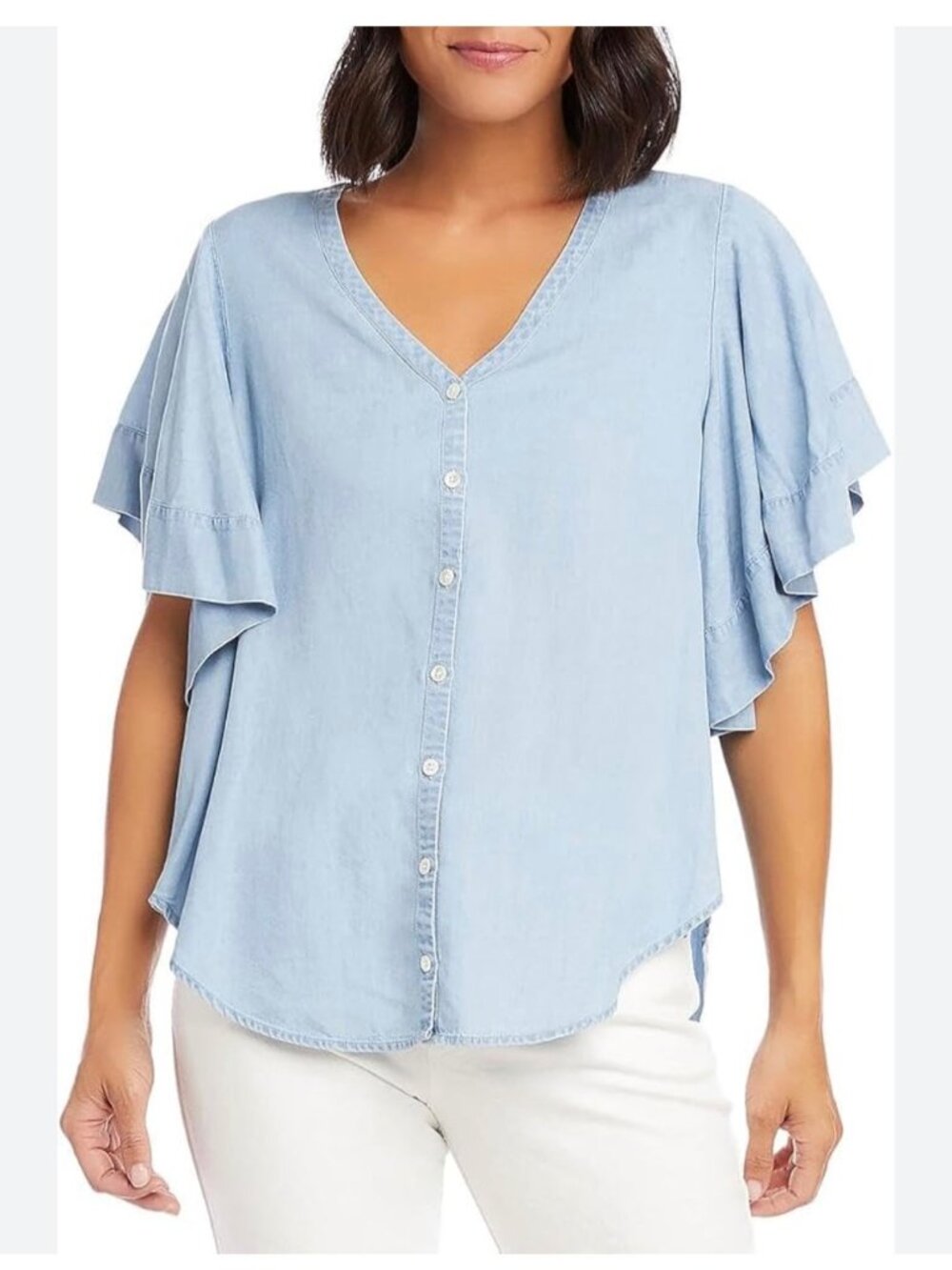 Karen Kane Womens Lyocell Button-Up Blue Blouse Medium